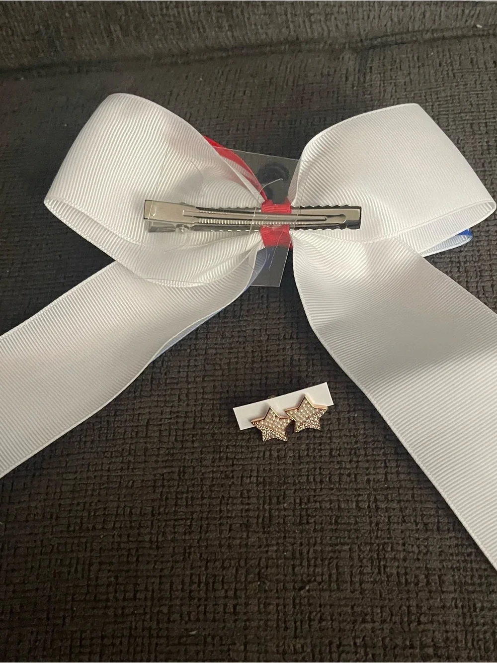 Patriotic Star Ribbon Hair Bow with Rhinestone Star Studs
